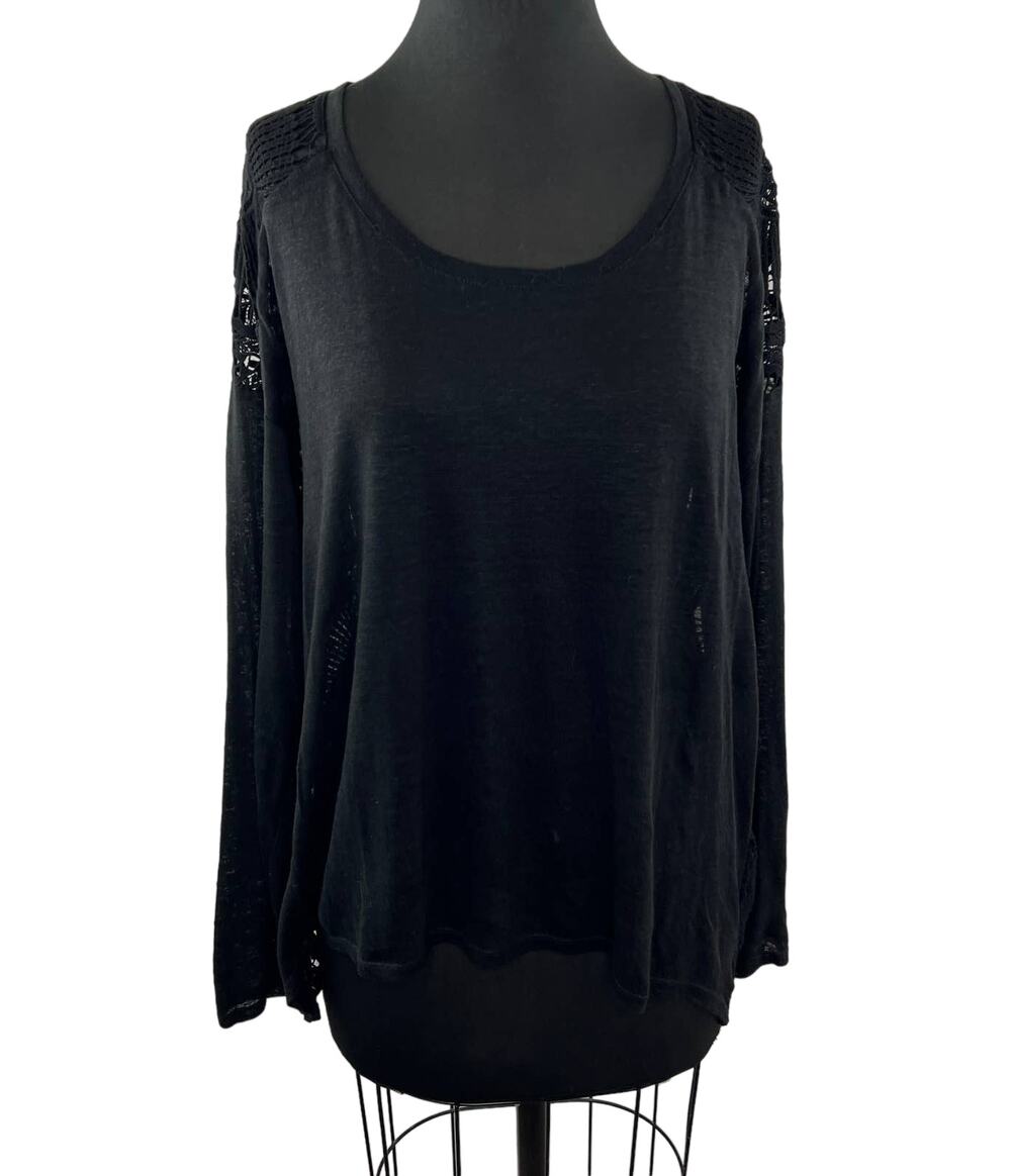 Generation Love Black Linen Scoop Neck Crochet Back Long Sleeve Blouse Plus 1X